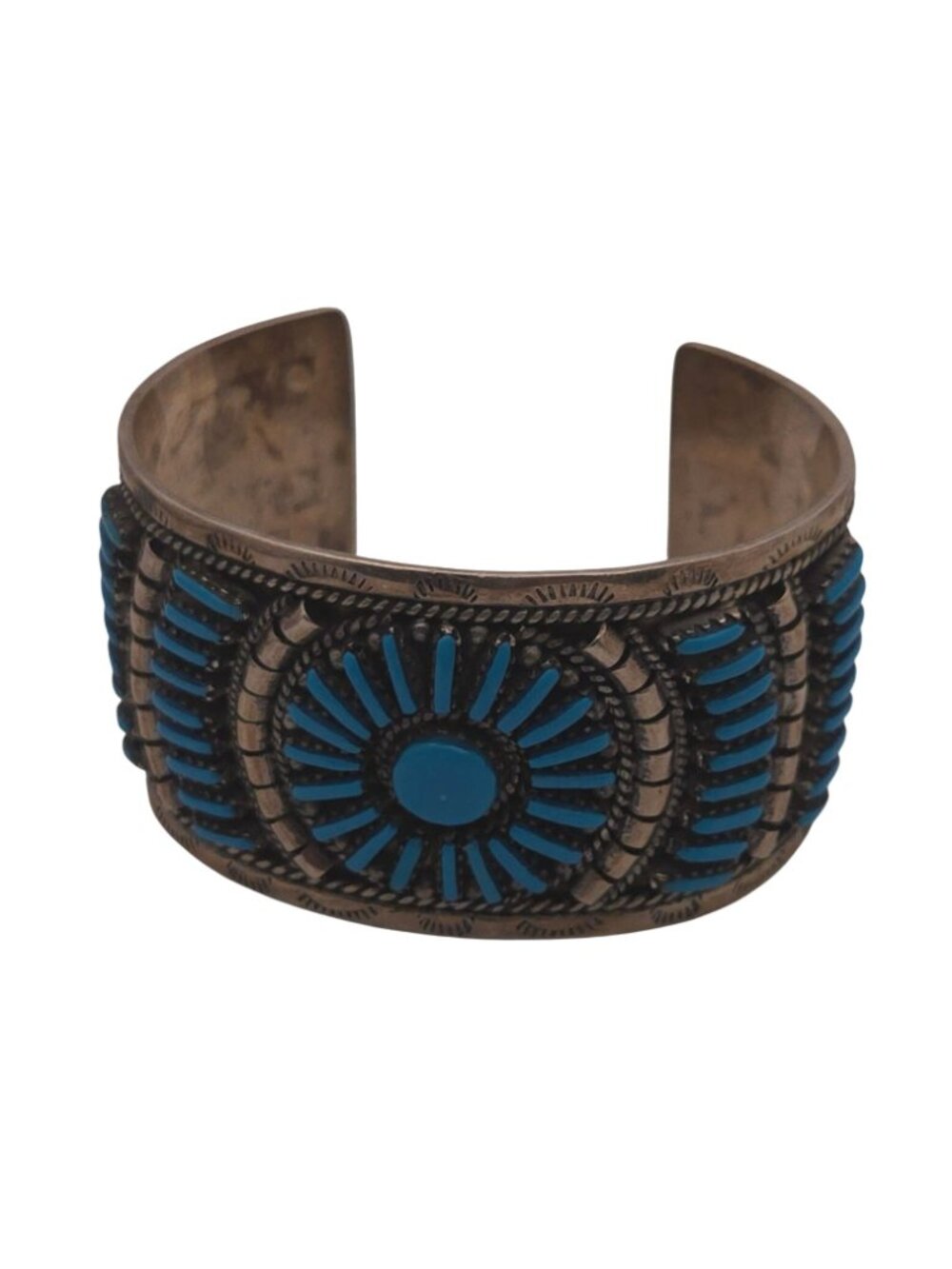 Vintage Zuni Petit Point Sterling Silver Cuff Bracelet Turquoise & Engraved 50g - Picture 8 of 11